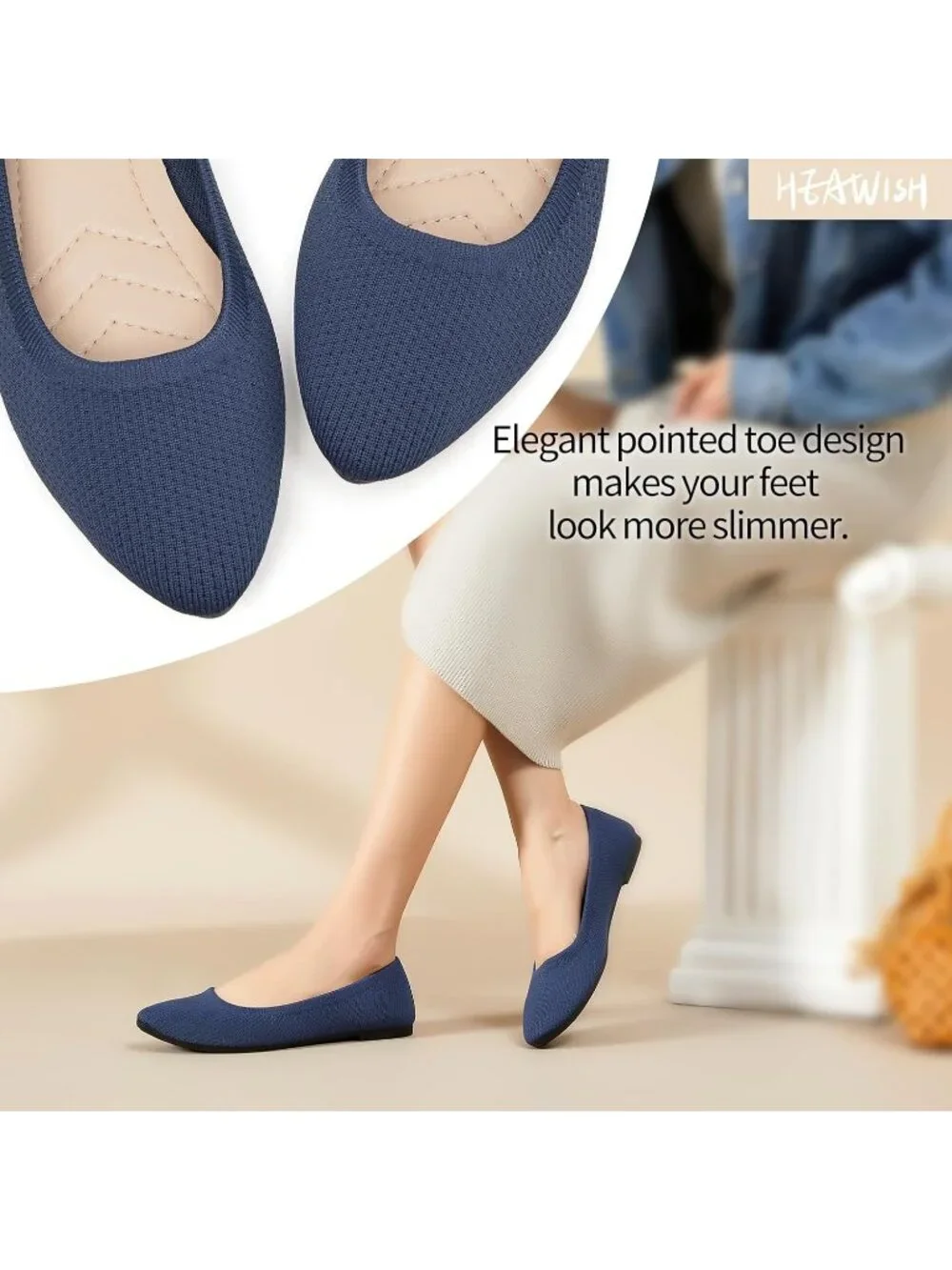 Women’s Navy Ballet Flats Comfortable Mesh Pointed Toe Slip On Dress Shoes